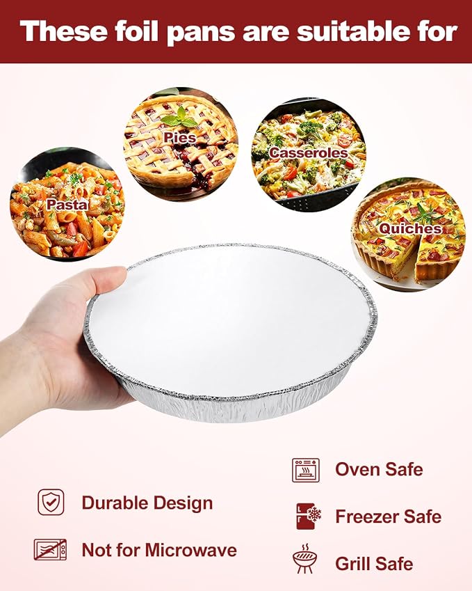 50 Pack 9 Inch Round Aluminum Pans with White Cardboard Lids - Disposable Tin Foil Pans, Food Containers for Cake Baking, Cooking, Reheating, Roasting, Storage