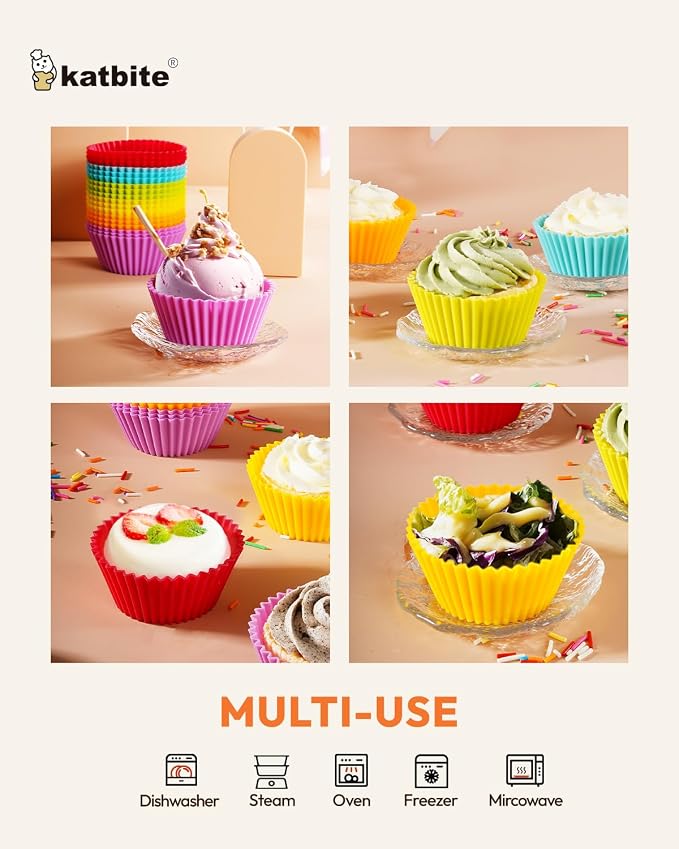 Katbite Silicone Cupcake Liners 24 Pack - Non-stick Silicone Muffin Liners Set, Thick & Heavy Duty Cupcake Molds - Perfect for Party Halloween Christmas Bakery Supplies, Multicolor