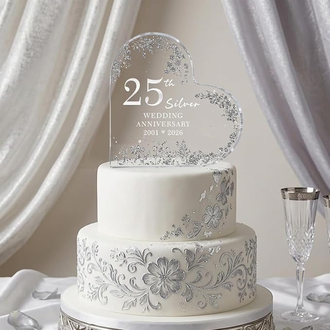25th Anniversary Cake Topper Acrylic,25 th Anniversary Decorations & Keepsake Gift for Couples（25th Anniversary-Silver Wreath）