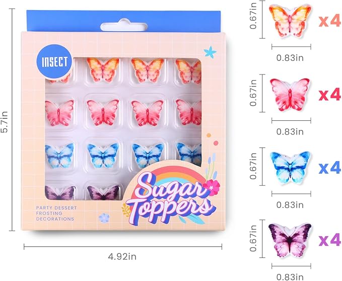 Edible Butterfly Cupcake Toppers, 16 Royal Icing Butterflies, Red, Orange, Blue, Purple, Butterflies Cupcake Toppers for Cake Decorating, Cookies, Macarons, Cakesicles, and Ice Cream