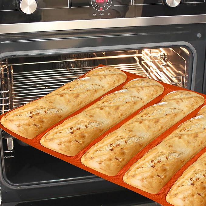 FETESUR Silicone Perforated Baking Forms Sandwich Mold French Baguette Bread Pan Food Mat 5 Loaf Non-Stick Baking Liners (Orange)