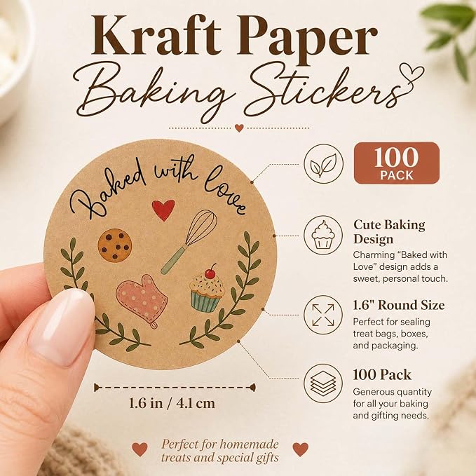 100 Baked with Love Stickers, Kraft Paper Bakery Stickers for Cookies, Sourdough Bread & Pastry Packaging, Rustic Baking Labels for Gift Bags, Bakery Boxes & Small Business, 1.6 Inch