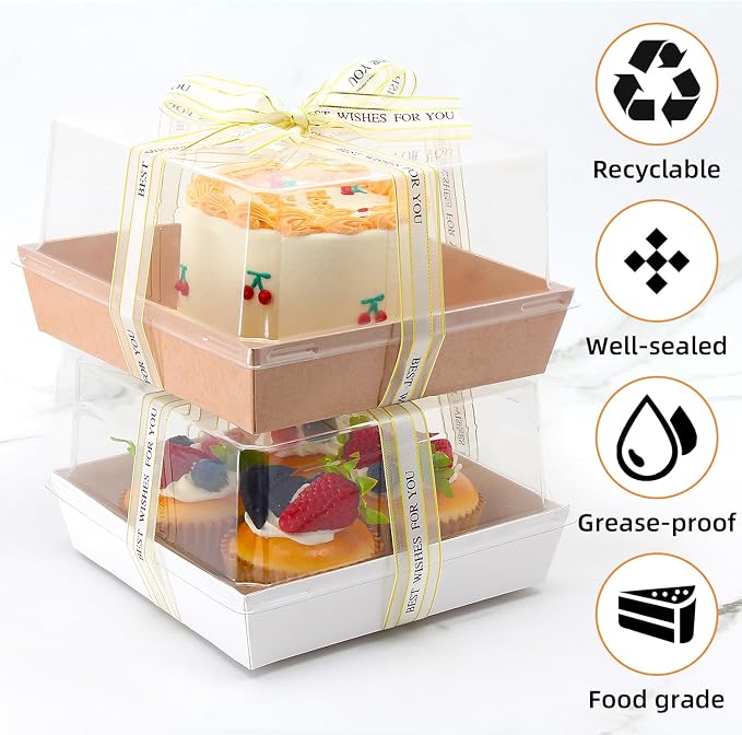50 Pack 7 x 7 x 4 Inches Clear Cake Boxes for 6 Inch Cake, Paper Charcuterie Boxes with Clear Lids, Disposable Bakery Food Containers Large Dessert, Cupcakes,Pie,Cookies, Cocoa Bomb (White&Brown)
