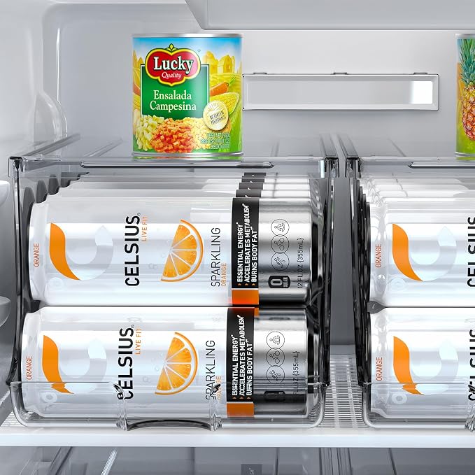 SCAVATA Skinny Can Organizer for Refrigerator, Stackable Tall Skinny Soda Pop Can Holder Dispenser with Lid for Fridge Pantry Rack Freezer, Clear Plastic Storage Bins-Holds 12 Slim Cans (See-through)