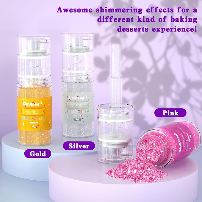 Edible Glitter Spray Set - 100% Edible Glitter for Cakes, Cupcakes, Cake Pops, Drinks, Chocolate, Strawberries, Cookies, Food Grade Coloring Glitter, Gold, Silver, Pink (4g/Bottle)