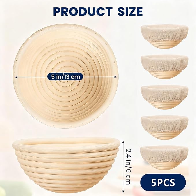 Banneton Bread Proofing Basket Set of 5, 5 Inch Mini Sourdough Bread Baking Supplies, Small Banneton Basket Proofing Baskets for Sourdough Bread Baking
