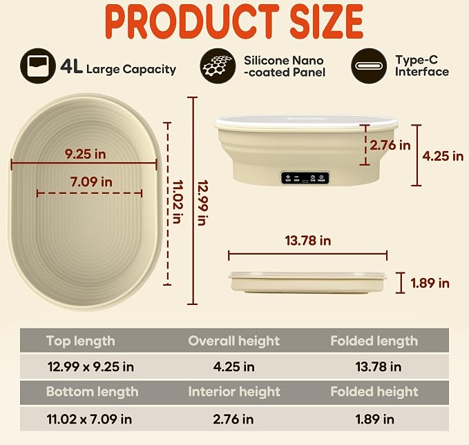 Upgraded Electric Heated Silicone Dough Proofing Box with Reliable Timer & Precise Temp Control - Fast Fermentation Collapsible Proofer Bowl (4L,Oval)