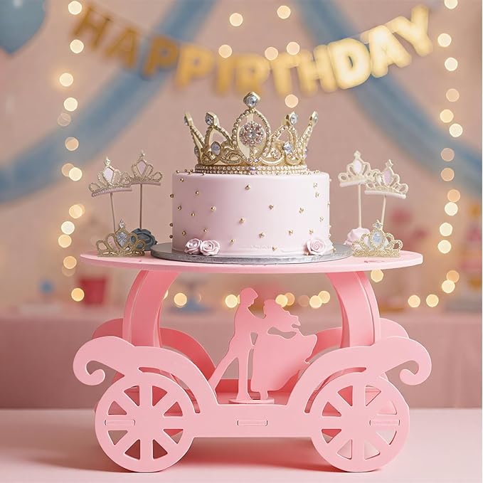 Lallisa 12" Pink Princess Cake Stand 3D PVC Cake Decorations with Prince and Princess Themed Holder Dessert Stand Centerpieces for Wedding Birthday Party Supplies