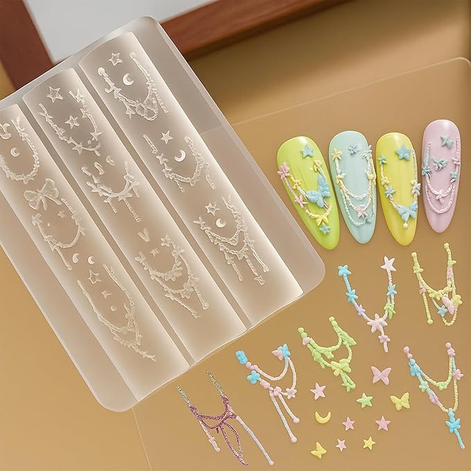 2Pcs 3D Nail Art Silicone Molds, Jewelry Necklace Chain Charms, Bow Star Pendant for UV Gel Acrylic DIY Craft Supplies
