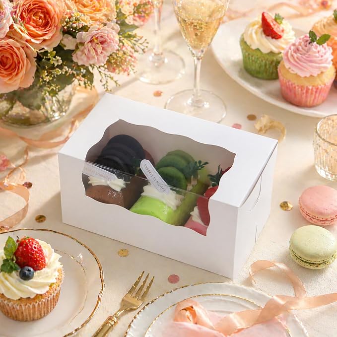 25 Roll Cake Boxes, 7x4x3.5 inches Pumpkin Roll Boxes, White Bakery Boxes with Window, Muffin Boxes Donut Boxes Pastry Cake Packaging