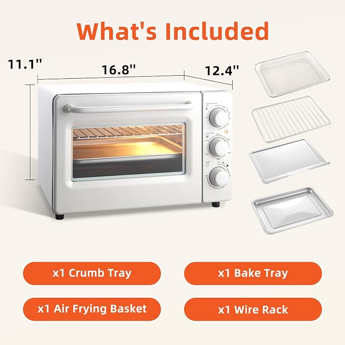 Novaspark Air Fryer Toaster Oven Combo, Retro Convection Oven Countertop,19QT Small Toaster Oven, 4-slices or 9" Pizza,Bake,Toast,Broil, Air Fry, Rapid Heating Mini Conventional Oven, Non-Stick, White