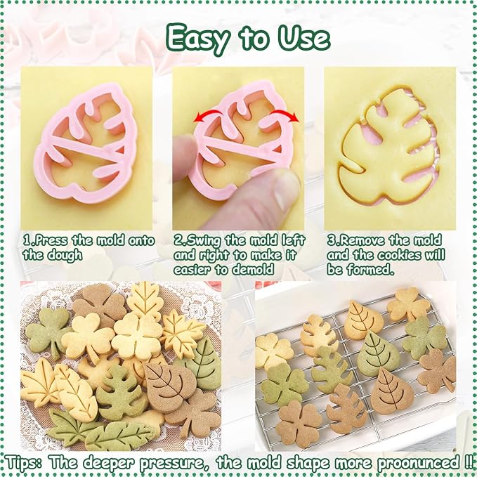 8pcs Mini Leaf Cookie Stamps, One-touch Molding 3d Raised Design Cookie Cutters, suitable for Tropic, Fall, Thanksgiving, Holiday & Party Treats Frosting Decoration (Leaf)