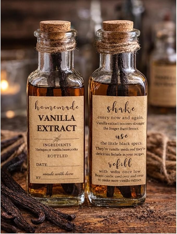 Kraft Paper Homemade Vanilla Labels Stickers, 60 Pack, 1.5×2 Inch Square, for Madagascar Vanilla Beans & Vodka Extract, DIY Vanilla Bottles, Jars & Kitchen Pantry Storage (60) (60)
