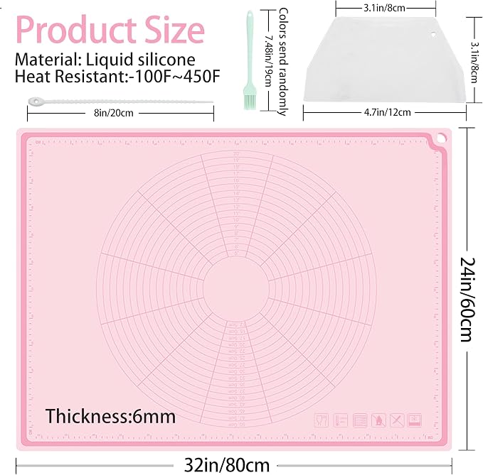 Silicone Baking Mat 32" x 24", Extra Thick Non-stick Pastry Mat with Measurements and Edge Heightening, Food Grade Silicone for Countertop Dough Rolling(With Dough Scraper/Pastry Brush/Cable Tie)