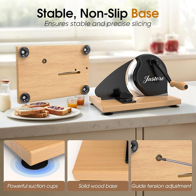 Manual Bread Slicer for Homemade Bread, Adjustable Thickness and Evenly Slicing, Sourdough Bread Slicer with Hand Crank, Clear Scale Line, Non-Slip Suction Base & Sharp Blade