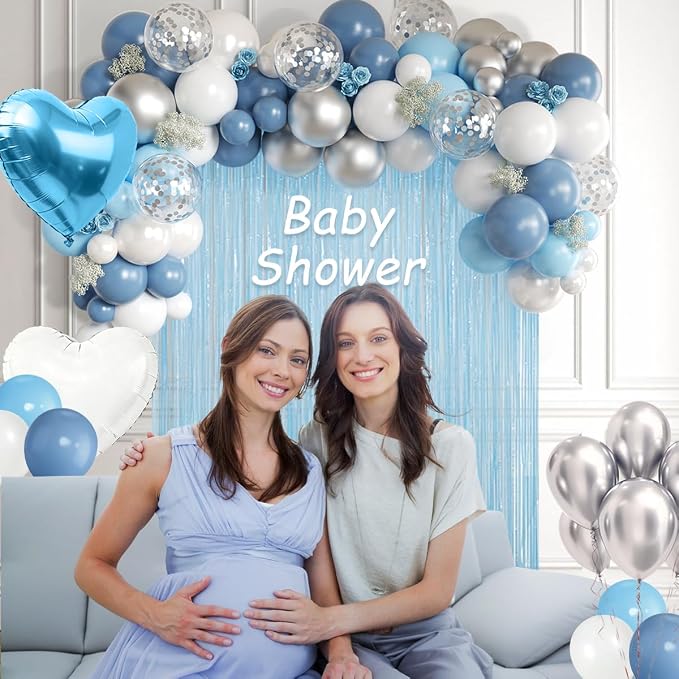 157PCS Pastel Blue Silver White Balloons Garland Arch Kit with Light Blue Fringe Curtain for Birthday Bridal Baby Shower Engagement Wedding Party Decorations