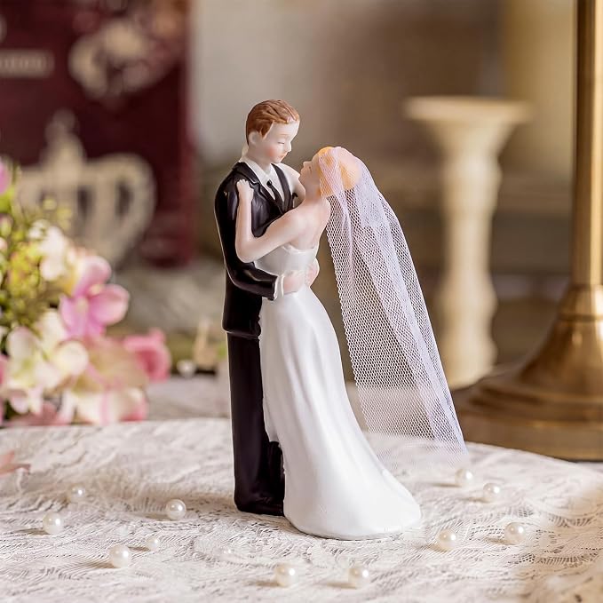 Remerry 4.5" Wedding Bride and Groom Cake Topper Vintage Elegant Wedding Cake Topper Couple Figurine Novios Para Pastel for Engagement Romantic Funny Couple Statue Anniversary (Adoring Gaze,White)
