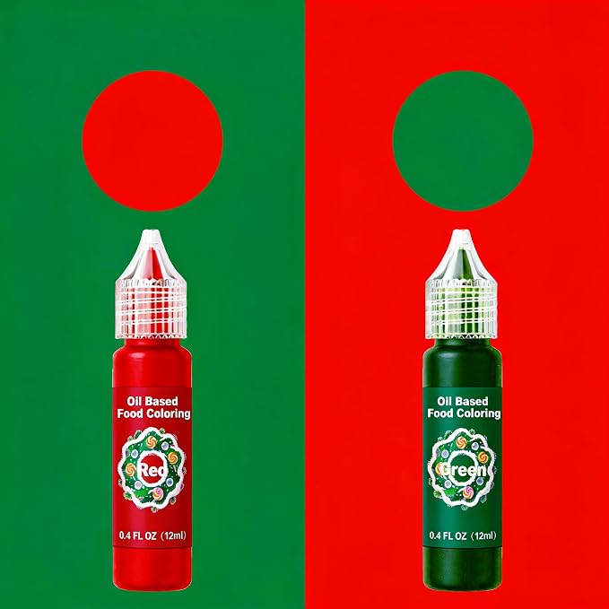 Oil Based Food Coloring for Chocolate - 2 Vibrant Valentine‘s Day Food Colors (Red, Green - 12ml (0.4floz) Bottles - Edible Dye for Baking, Cookies, Frosting & Cake Decorating - Non-GMO,Vegan
