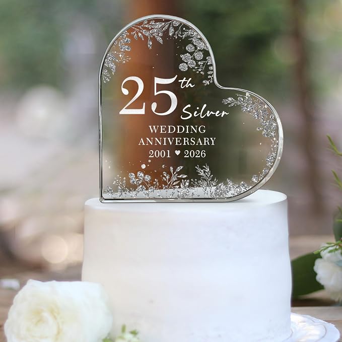 25th Anniversary Cake Topper Acrylic,25 th Anniversary Decorations & Keepsake Gift for Couples（25th Anniversary-Silver Wreath）