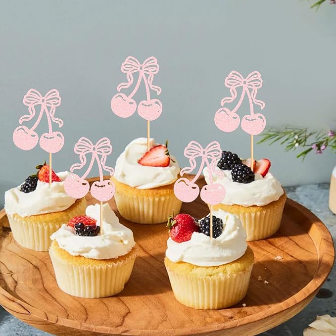 24Pcs Glitter Pink Cherry Fruit Cupcake Toppers Cherries Cupcake Picks for Fruit Theme Baby Shower She Is Cherry On Top Funny Birthday Cupcake Decorations Cherries Party Supplies