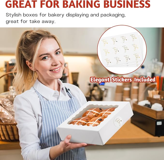 ZORRITA Pie Boxes with Window, 9" x 9" x 2.5", 20 Pack, White | Auto Pop-up, Bakery Boxes, For Chocolate Covered Strawberry, Cookies, Treats, Pastry, Donuts, Muffins