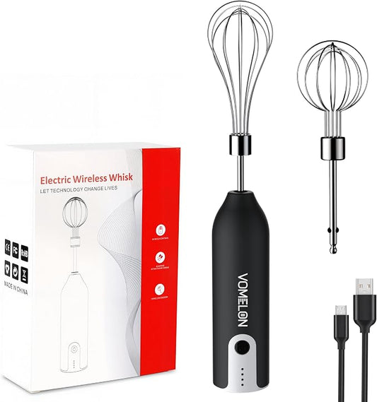 Electric Hand Mixer Whisk | Wireless Rechargeable Handheld Egg Beater with 2 Stainless Steel Mixing Heads | Portable Kitchen Hand Mixer for Egg, Milkshake Cream, Cake, Baking & Cooking-Black