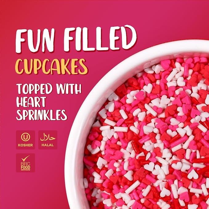 Valentines Sprinkles for Baking, 7oz White Red Pink Jimmies and Heart Sprinkles for Cake Decorating, Valentine Sprinkles for Cookies, Cupcake, Ice Cream, Cake
