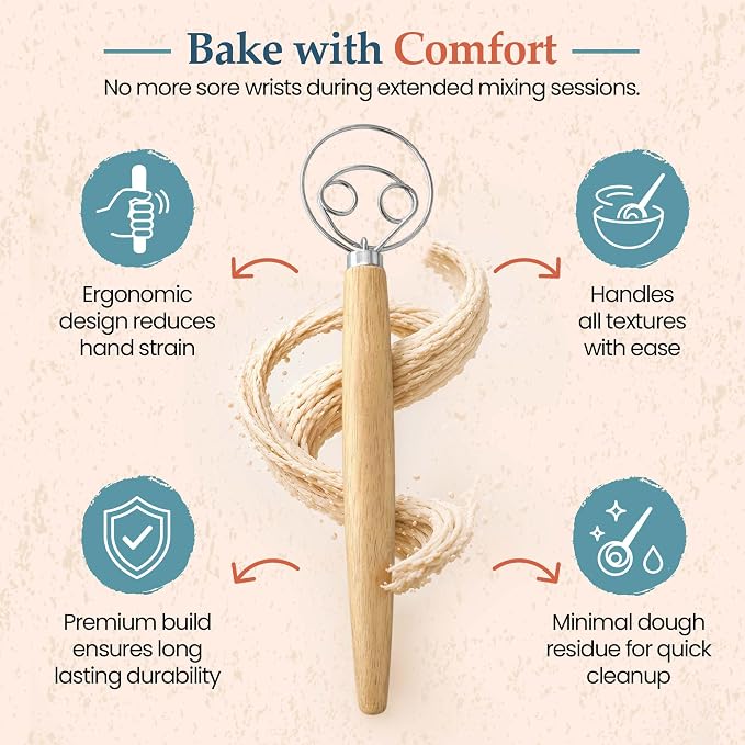Danish Dough Whisk - 13 inch Stainless Steel Sourdough Whisk with Long Wooden Handle - Durable Bread Dough Mixer - Perfect Stirrer for Artisan Loaves, Pizza Dough & Pancakes