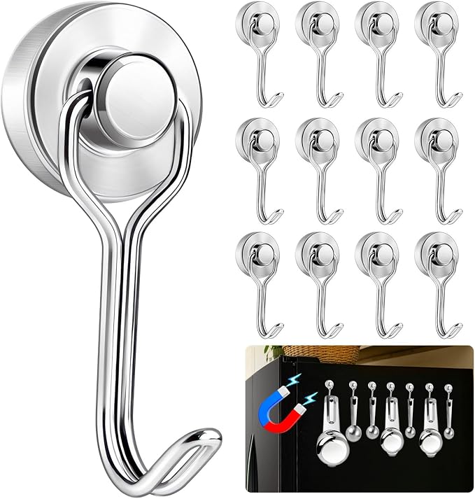 Measuring Cup and Spoon Organizer, 12 Pack 30lbs Strong Magnetic Hooks Hanging Cups and Spoons, Magnetic Kitchen Hooks Utensil Hanger Holder for Refrigerator, Cruise Cabins, Garage Silver