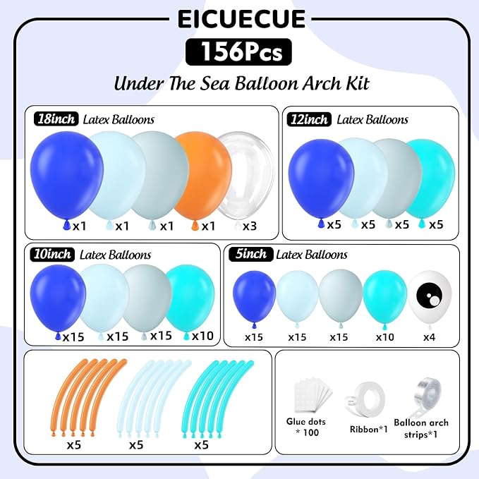 Under The Sea Balloon Arch Kit -156Pcs Blue Teal Dusty Blue Orange Long Balloon Garland Kit for Ocean Themed Under The Sea Baby Shower Ocean Animals Theme Birthday Party Decorations