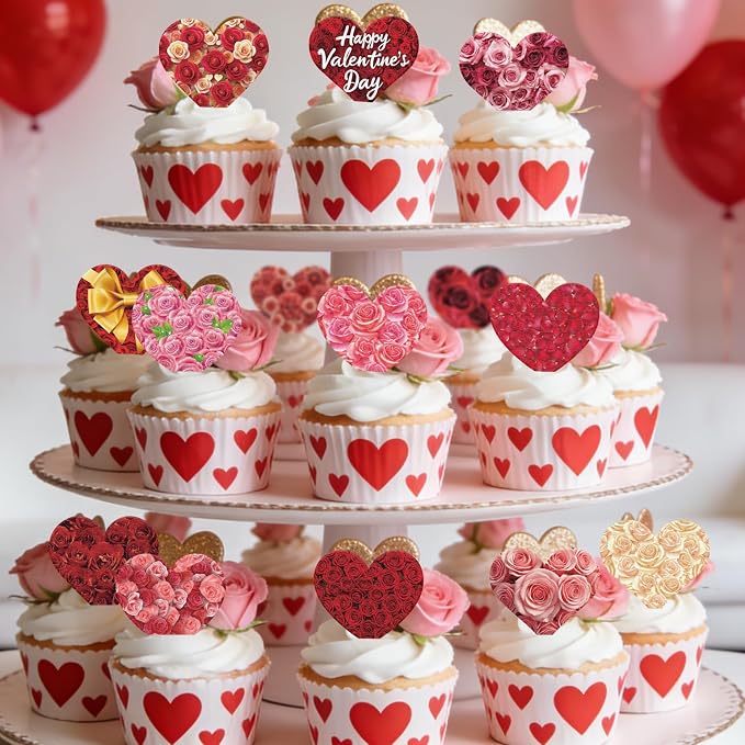 56PCS Edible Floral Heart Cupcake Toppers Wafer Paper Roses Heart Cupcake Picks Happy Valentine’s Day Cake Decor for Valentine's Day Theme Engagement Party Supplies