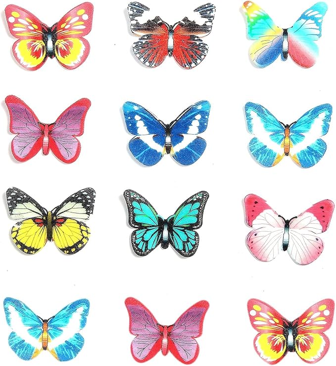 Weraru 48Pcs Edible Cake Butterfly Decoration Cake Toppers Birthday Party Cupcake Toppers Mixed Size & Colour