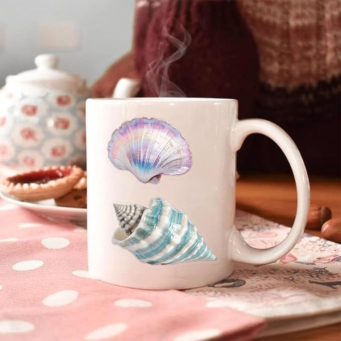 Seashell Stickers Pack, 50PCS PET Transparent Iridescent Conch Shell & Starfish Vinyl Decals, Waterproof Glittering Aesthetic Stickers for Scrapbooking, Water Bottle, Laptop, Phone Case Decor