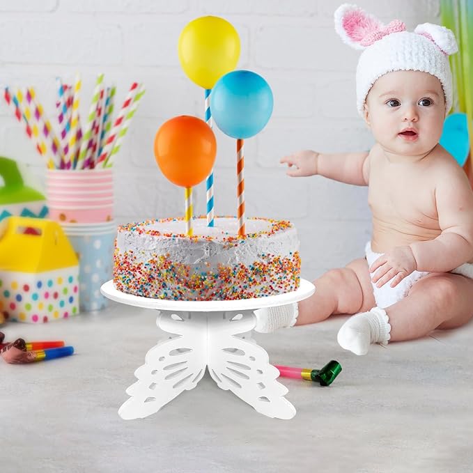 AOCEAN 12 Inch Butterfly Cake Stand, White Butterfly PVC Cake Holder for Birthday Wedding Party, Round Cake Stand for Dessert Table (2 Pack)