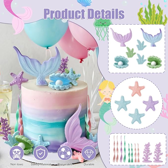 21pcs Mermaid Cake Topper - Mermaid Tail Cake Decorations with Seaweed Shells Starfish Coralal Under the Sea Cake Decorations for Birthday Party Decorations (Blue Purple)