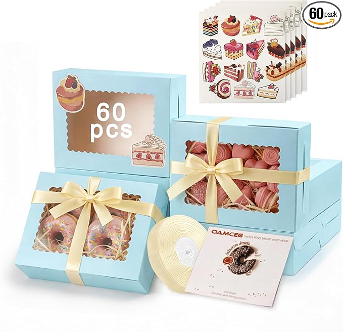 OAMCEG 60 Pack Cookie Boxes with Window, 8x6x2.5 Inch Bakery Treat Boxes for Christmas Holiday Gift Giving, Desserts, Donuts, Pastries-Blue