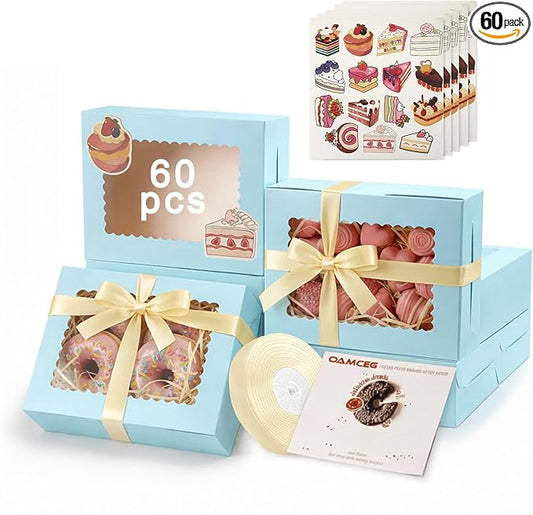 OAMCEG 60 Pack Cookie Boxes with Window, 8x6x2.5 Inch Bakery Treat Boxes for Christmas Holiday Gift Giving, Desserts, Donuts, Pastries-Blue
