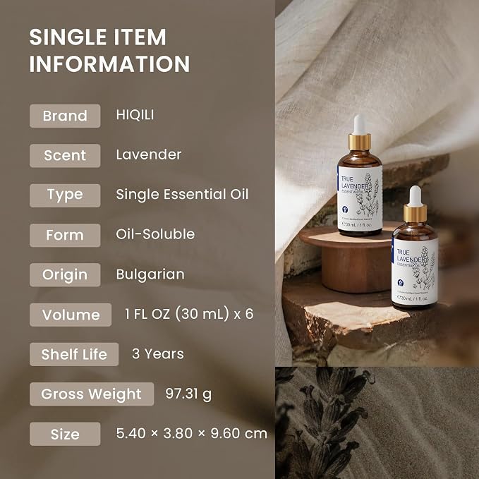 HIQILI Lavender Essential Oil Set, Bulk Wholesale for Business | Hotels Salons & Studios, Calming Scent Promotes Relaxation & Sleep, Holiday Gifts Craft Making & Home Use -1 fl oz (6 Pack)