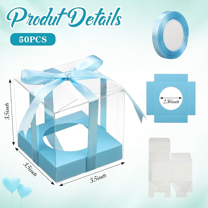 Thenshop 50 Pcs Clear Cupcake Boxes Individual 3.5 Inch Plastic Single Cupcake Containers Boxes with Inserts and Ribbon Individual Cake Storage Holders for Cake Kitchen(Light Blue)