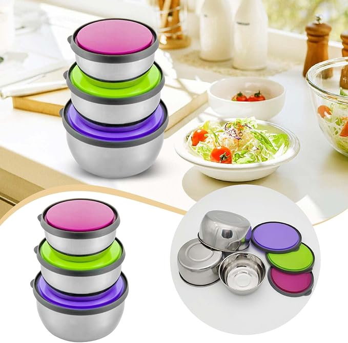 Mixing Bowls with Lids Set Prep Bowls - Mixing Bowls Nesting Plastic Meal Prep Bowl Set with Lids- Stainless Steel Bowls Food Containers Home Kitchen Preservation Box Keep Fresh (Silver, One Size)