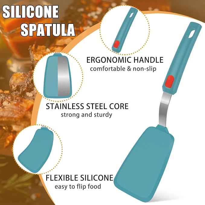 Beijiyi Silicone Spatula Turner Set of 3, 600°F Heat Resistant Nonstick Turner Spatulas for Kitchen Use, Large Flexible Silicone Cooking Utensils Rubber Spatula Set for Egg, Pancake, Fish (Blue)