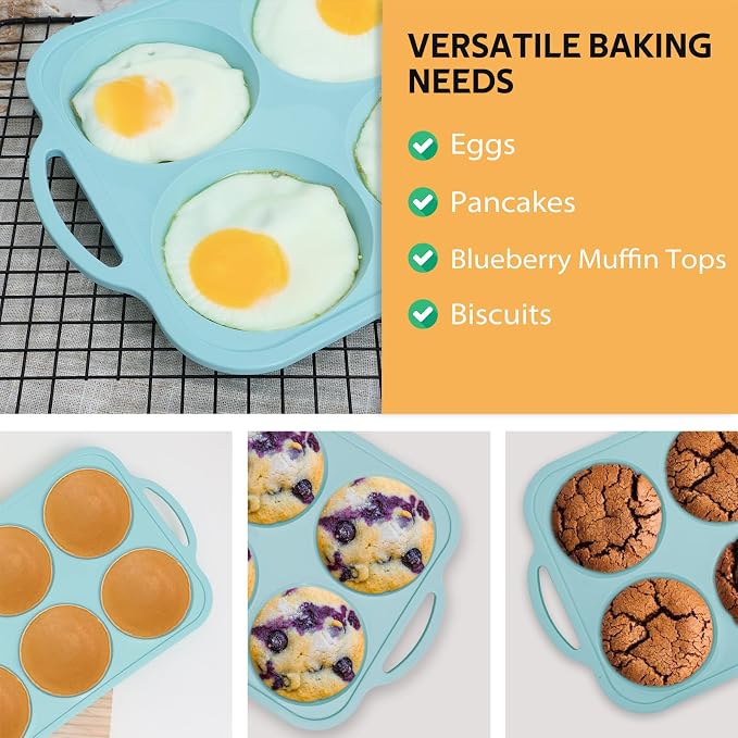 Nonstick Silicone Muffin Top Pan: 4 Inch Jumbo Silicone Egg Molds with Metal Frame for Baking Breakfast Sandwiches/English Muffins Egg Bites Hamburger Buns - for Oven Housewife (Beige& Mint Green)