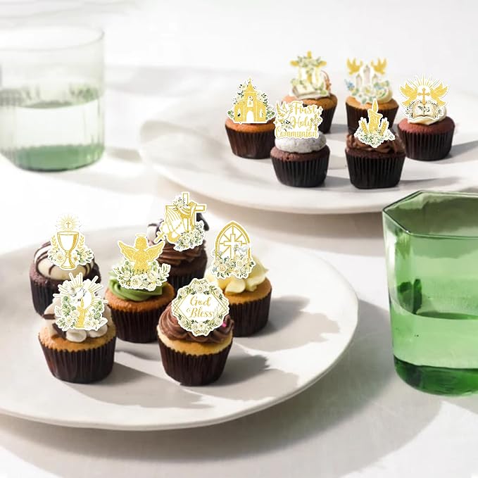 60 PCS Edible God Bless Cupcake Toppers Dove Cross Baptism Cupcake Picks Edible Church Floral First Communion Cake Decorations for Gold Bless Baptism Theme Baby Shower Birthday Party Supplies Gold