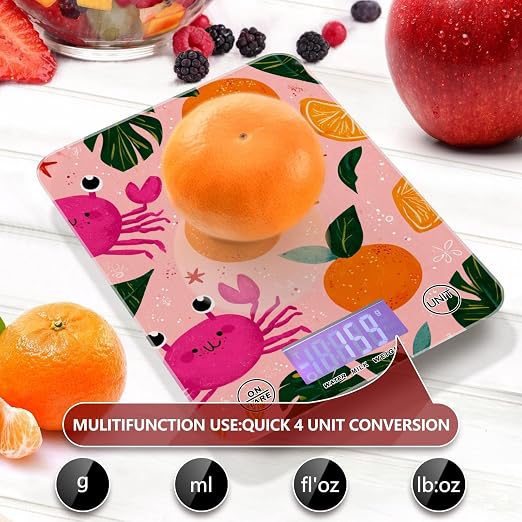 Food Scale Kitchen Digital Scale Food Ounces and Grams Dieting Baking Cooking Waterproof Glass Panels LCD Display,4 Units Scale Tare Function Pink Fruit Orange Crabs