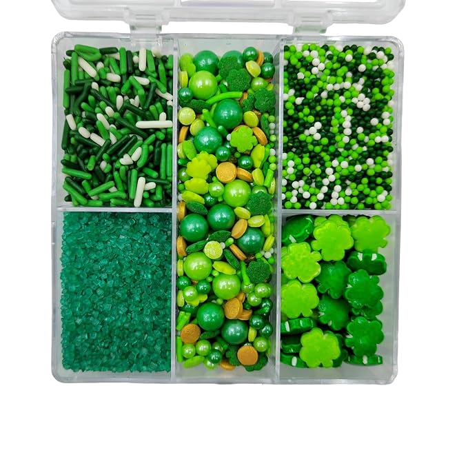 Green Sprinkles for Cake Decorating, St. Patrick's Day Sprinkles, Edible Shamrock Sprinkle with Clover Jimmies Nonpareils Green Sanding Sugar for Baking Cookies Ice Cream Topping Cake Cupcake Toppers