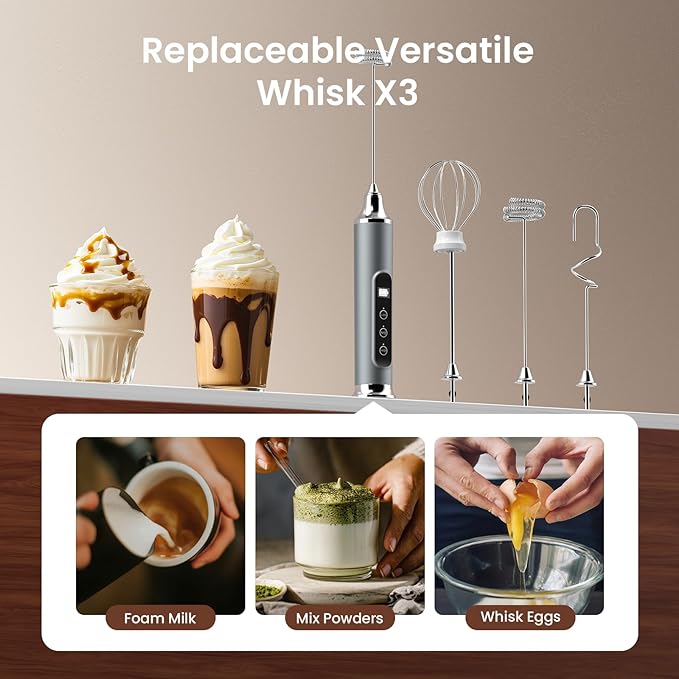 YUSWKO Milk Frother Wand for Coffee, Coffee Frother Handheld Drink Mixer | Rechargeable Mixer Wand, Waterproof Electric Whisk for Protein Powder, Lattes, Cappuccino, 3 Variable Speeds 3 Whisks, Silver