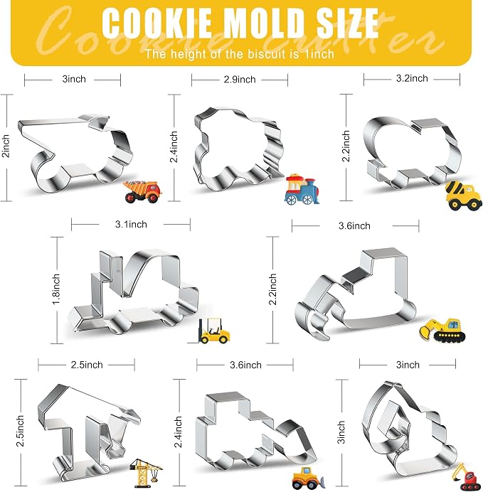 ZADE Construction Theme Bulldozer Cement Mixer Dump Truck Crane Excavator Forklift Train Cookie Cutters Set 8 Pcs Stainless Steel Cookie Biscuit Sandwich Mold Fondant Cutter for Baking