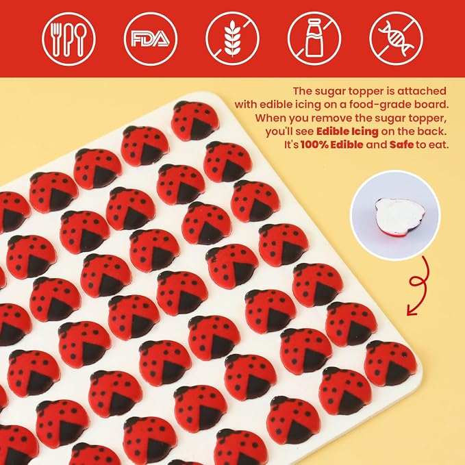 Edible Ladybug Cake Decorations, Royal Icing Ladybugs for Cupcake Topper, Edible Ladybug Sprinkles Sugar for Cakes Cookies Chocolate Macarons Baking Baby Shower Decoration, 49 pcs