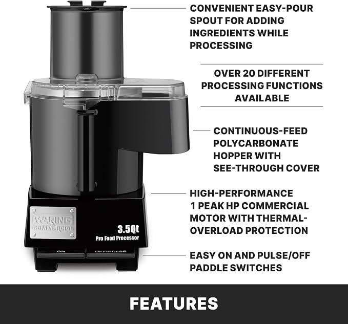 Waring Commercial Food Processor, 3.5 Quart Capacity, 1 Horsepower Motor, Continuous-Feed Food Processor, Vegetable Chopper for Professional Kitchens, WFP14SC