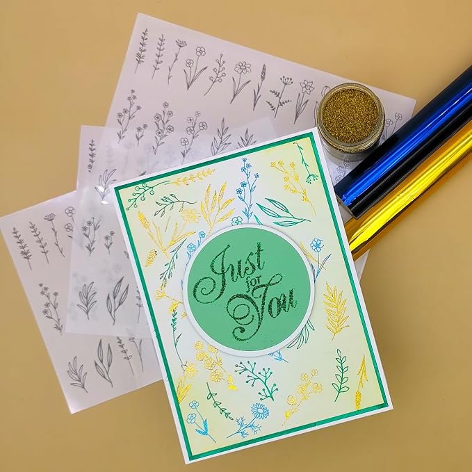 3pc Spring Florals Leaf Stick & Shine Foil Transfer Sticker Paper for Handmade Card Making Scrapbooking and Album Journal Invitation Letter Decoration Hot Foil Transfer Printing Adhesive Sheets